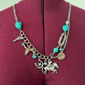 Turquoise, silver tone, charm western horse, horseshoe gun bull cowboy necklace